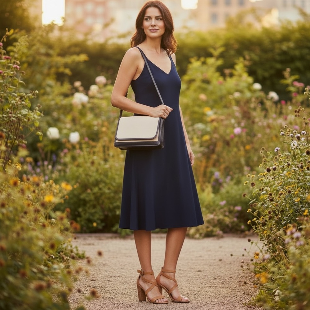 Vintage 90’s Coach Bleeker Flap Handbag Deep Navy Blue Leather & Wheat Canvas - Picture 2 of 16